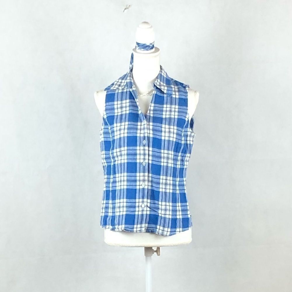 Jones New York Signature Blue and White Plaid Top